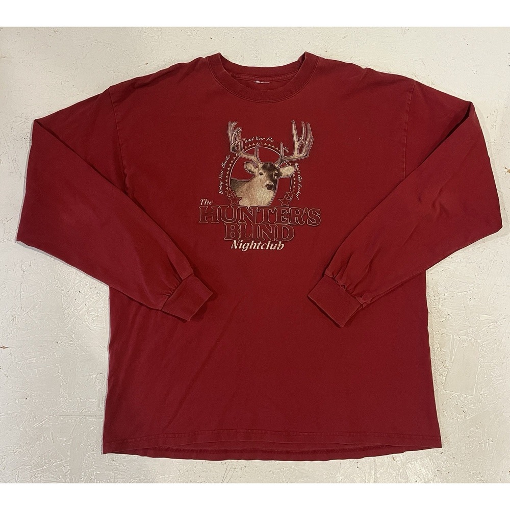 Vintage The Hunters Blind Nightclub Shirt Mens L Red Deer Outdoors Long Sleeve